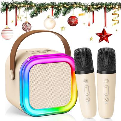 Mini Karaoke Machine With 2 Mics | Bluetooth 5.0 TWS TECH (50ft Range) | Microphone With 5 Voice-Changing Effects | 7-Color LED Lights | Premium ABS Material | Portable MP3 Player For Party, 2025 Top Birthday & Christmas Gift