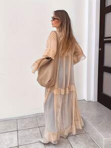 Women's Y2K Style Long Dress, Fashionable Ruffle Trim Solid Color Long Dress, Deep V-Neck Long Sleeve, Front Tie, Sheer Mesh Skirt, Loose Fit, Flowy Coverup, Suitable For Summer & Autumn Casual Dress, Beach Wear, Daily Outfit, Street Style - Khaki - View 5