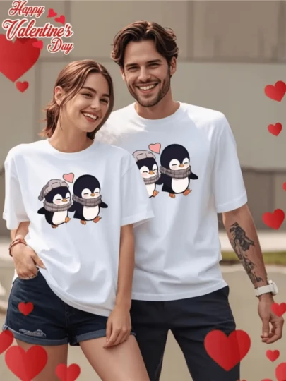 Diseño Adorable De Dos Pingüinos Con Bufandas Y Gorros Bajo Un Corazón Camiseta 100% Algodón Unisex Para El Día De San Valentín Demuestra Amor Y Calidez En Esta 1 Pieza