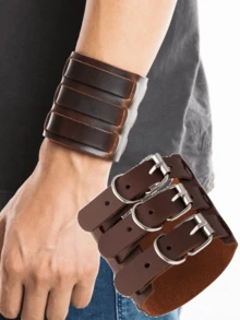 1/2Pcs Black Punk Rock Style Three Layered Bracelet Wide PU Leather Wristband Bracelet - Adjustable, , Edgy Fashion Punk Bracelet For Men Couples And Party - Three-buckle Leather Bracelet - View 8