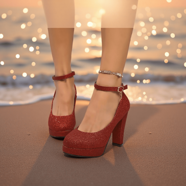 New Round Toe Chunky Heel Pumps, Professional Work Shoes, Strap Sexy Date Night Red Low Vamp High Heels For Women