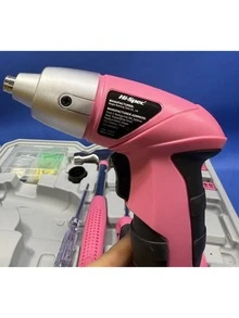 粉色家用工具套装，包含电动螺丝刀、钳子和多功能工具，带零件盒、可拆卸小螺丝、无线充电锂电池、电动工具箱维修套装、基本家用维修工具、塑料箱，便携方便。 - 彩色 - 查看 8