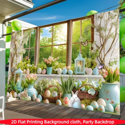 1 Stück 2D flaches Oster-Frühlings-Fenster-Hintergrundplakat - mit pastellfarbenen dekorativen Eiern, Hasen und Tulpenblumenmustern, aus Polyester gefertigt. Geeignet für Osterpartys, Frühlingsfotografie, Wanddekoration zuhause und Kinderaktivitäts-Hintergründe. | Wiederverwendbar, geeignet für Innen-/Außenfeiern