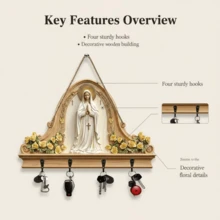 One Virgin Mary-Shaped Wooden Wall-Mounted Key Holder With Multi-Functional Hooks, Bohemian Farmhouse Style (Easy To Install). Can Be Hung On The Wall And Is Suitable For Porches, Rooms, Bedrooms, Cottages, And Various Year-Round Home Decor. - Multicolor - View 2