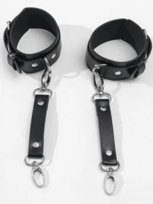 1/2件套真皮性感手铐和脚铐手镯，男女通用角色扮演道具，万圣节 - 黑色 - 查看 6