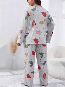 Bộ đồ ngủ in hình khủng long thoải mái cho nữ cỡ lớn - Vải dệt kim mềm mại, pha trộn Polyester & Spandex, áo dài tay & quần dài, đồ ngủ phù hợp cho mùa xuân, thu và đông - Màu Xám nhạt - Xem 2