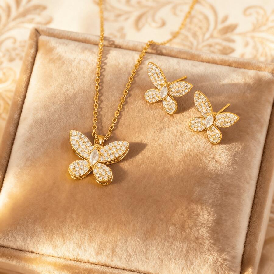 1 Bộ trang sức mặt dây chuyền hình bướm bằng thép không gỉ đính đá Cubic Zirconia và hoa tai dành cho nữ, thiết kế thời trang sang trọng, phụ kiện quà tặng - Con bướm vàng - Xem 1