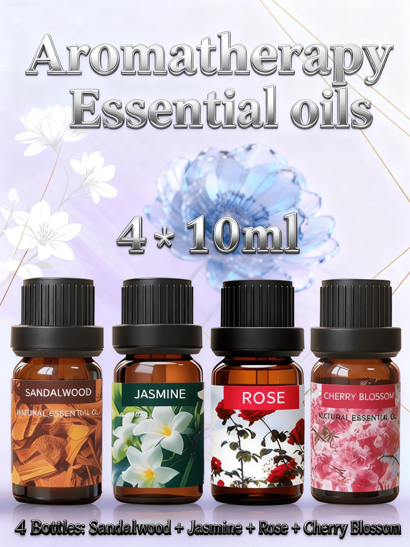 4 Stücke 10ml Aromatherapie Ätherische Öle Yoga Öl Pflanzenöle für Luftbefeuchter Diffuser Frucht Blumen Aroma Duftöle Jasmin Lavendel Rose Orange, Raumbeduftung für Wohnzimmer und Badezimmer, geeignet für Diffuser, Luftbefeuchter - 10 ml - Übersicht 1