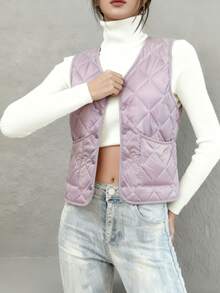 女士无袖V领绗缝背心，带口袋，常规长度，无弹力冬季外套 - 卡其色 - 查看 6