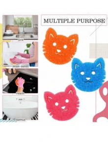 1/2/3件装三件装小猫脸多功能清洁双层温感百洁布，可爱强力去污，双面厨房海绵 - 温感不刮伤清洁垫，适用于餐具等 - 多表面安全海绵架，适用于现代厨房水槽，用于清洗餐具