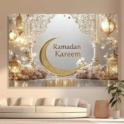1pc Elegant Polyester Ramadan Mubarak Wall Hanging - Vibrant Golden Moon & Floral Design, Easy To Hang, Suitable For Weddings, Graduations, Birthdays & More - Adds Dynamic Photo Opportunities