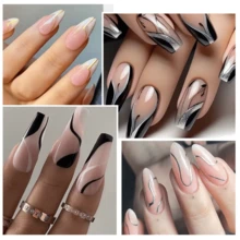 MEET ACROSS Set de 2 esmaltes de uñas en gel de 5ml con líneas francesas en negro y blanco, para pintura de graffiti y rayas, con pincel delgado para diseño DIY en casa o salón, regalo para niñas - Multicolor - Ver 3