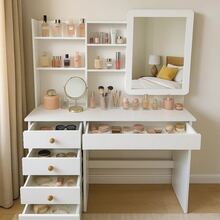 White Makeup Vanity With LED Lighted Mirror, 5 Drawers, Open Shelves, Sliding Mirror Dressing Table, Modern Minimalist Makeup Desk Organizer For Bedroom, Small Apartment Vanity Station - 白色 - 查看 2