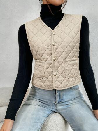 Women's Sleeveless V-Neck Quilted Vest, Button Detail, Lightweight & Slim Fit, Warm Winter Jacket