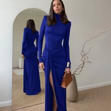 Nuevo vestido midi de cuello alto, ajustado y con abertura lateral de encaje para mujer, para otoño/invierno - Azul - Ver 4