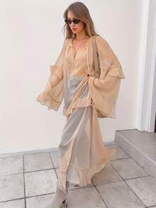 Women's Y2K Style Long Dress, Fashionable Ruffle Trim Solid Color Long Dress, Deep V-Neck Long Sleeve, Front Tie, Sheer Mesh Skirt, Loose Fit, Flowy Coverup, Suitable For Summer & Autumn Casual Dress, Beach Wear, Daily Outfit, Street Style - Khaki - View 4