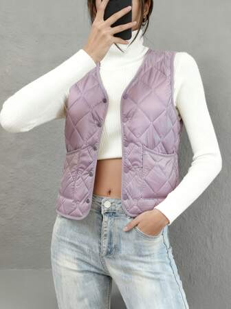 Chaleco acolchado sin mangas con cuello en V y bolsillos, de longitud regular y sin estiramiento, para invierno