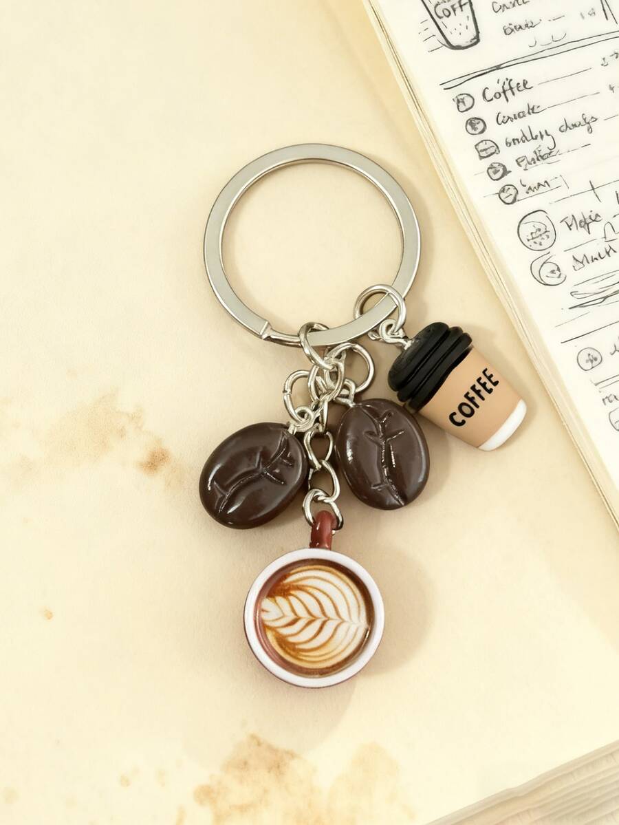 1pc Cute Coffee Keychain With Latte Art Pattern And Mini Coffee Bean Charm, Novelty Bag/Car Key Chain Accessory, Perfect Gift For Coffee Lovers, Unique Mini Coffee Cup Keyring For Daily Use And Collection