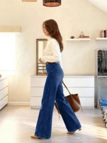 Women's Non-Stretch Dark Blue Denim Jeans - Autumn/Winter Style - Navy Blue - View 4