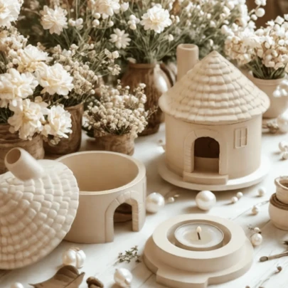 3件套DIY粘土模具 - 房屋、烟囱、烛台、香炉、石头、镜子、树脂、水泥工艺模具