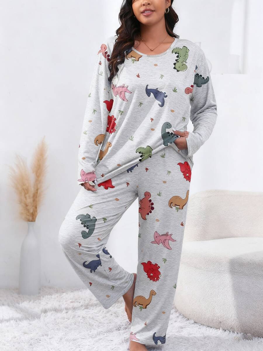 Bộ đồ ngủ in hình khủng long thoải mái cho nữ cỡ lớn - Vải dệt kim mềm mại, pha trộn Polyester & Spandex, áo dài tay & quần dài, đồ ngủ phù hợp cho mùa xuân, thu và đông - Màu Xám nhạt - Xem 1