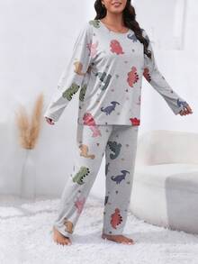 Bộ đồ ngủ in hình khủng long thoải mái cho nữ cỡ lớn - Vải dệt kim mềm mại, pha trộn Polyester & Spandex, áo dài tay & quần dài, đồ ngủ phù hợp cho mùa xuân, thu và đông - Màu Xám nhạt - Xem 6