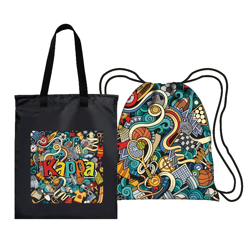 Kappa K0AZ8GX01 Lightweight Reversible Bag, Two-Tone Flip Design, Wear-Resistant And Water-Repellent Coating, Easy-Folding Storage, Suitable For Various Scenarios Such As Sports And Commute, Black/Colorful Graffiti