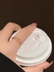 1 件 INS 风格水钻心形可调节开口戒指，适合女士情人节 - 金色 - 查看 2