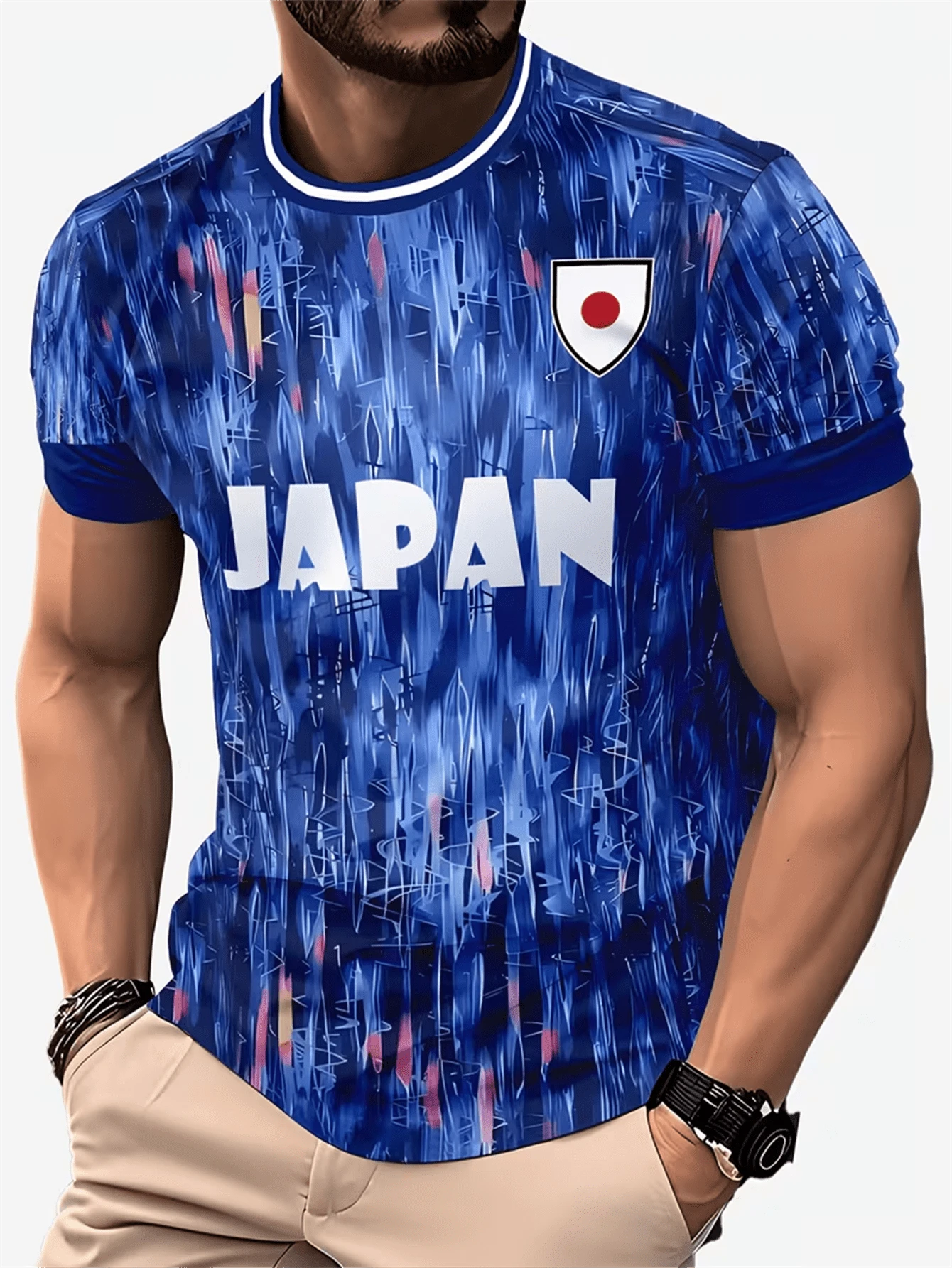 日本国家足球队球衣T恤 - 日本官方球迷服饰，带有日本国旗徽章和旭日图案，透气蓝色训练比赛服，成人休闲运动服，适合亚洲杯和2024年亚洲杯比赛穿着，圆领短袖，可机洗，夏季休闲装，印花鲜艳，轻盈面料，高品质缝纫工艺。 - 彩色 - 查看 1