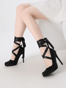 Ballet Mary Janes High Heels For Women Square Toe Satin Lace Up Ballerina Stiletto Heels With Bow Elegant Wedding Party Pump Heels For Women  - 1 Đen - Xem 4