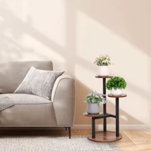 رف نباتات معدني وخشبي متعدد الطبقات بإطار أسود وإطار خشبي - عرض النباتات المزروعة في أصص داخلي/خارجي، مثالي لغرف المعيشة والشرفات أو زوايا الحديقة، رف نباتات داخلي | إطار معدني أنيق | تركيبة خشب وحديد