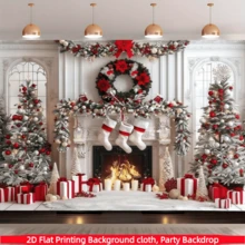 1 pieza, Fondo de banner plano 2D de chimenea blanca navideña, hecho de tela de poliéster, adecuado para decoración interior/exterior/jardín, decoración de habitación, decoración navideña, decoración del hogar, Navidad, decoración navideña del hogar, decoración de dormitorio, regalo de Navidad, múltiples opciones de tamaño