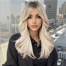 22 Inch Ombre Blonde Long Straight Bob Wig With Bangs For Women - Natural-Looking Glueless | Heat-Resistant Synthetic | For Women Daily/Music Festivals/Costume Parties - 漸變金色 - 查看 2