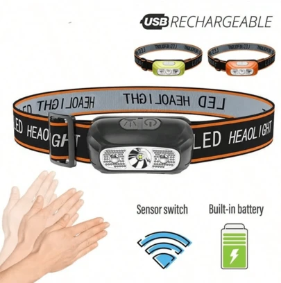 ONEEKA Linterna frontal portátil para senderismo, pesca al aire libre, ultraligera, para correr de noche, recargable, con sensor inteligente LED.