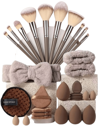10/30件套棕色化妆刷套装，包含多种尺寸的软毛刷、化妆海绵和化妆工具套装