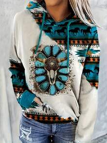 Elephant & Geo Print Kangaroo Pocket Drop Shoulder Drawstring Hoodie - Multicolor - View 3