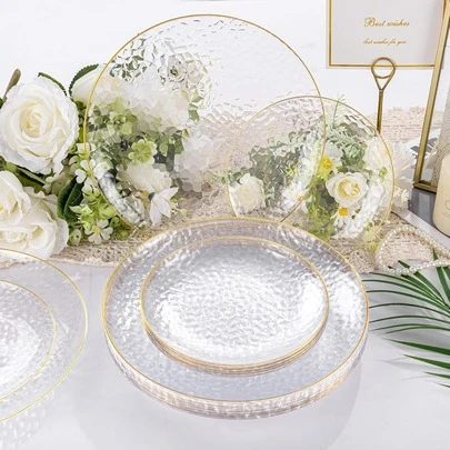 10pcs Transparent Hammered Gold Rim Plates, Salad Plates - Includes 10pcs 10.25-Inch Plates Or 10pcs 7.5-Inch Plates, Essential For Dinner, Dessert, Party, Wedding