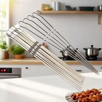 10 piezas de pinchos para barbacoa con ganchos, pinchos planos de acero inoxidable para parrilla al aire libre, horno, estufa, de 33cm de largo
