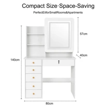 White Makeup Vanity With LED Lighted Mirror, 5 Drawers, Open Shelves, Sliding Mirror Dressing Table, Modern Minimalist Makeup Desk Organizer For Bedroom, Small Apartment Vanity Station - 白色 - 查看 6
