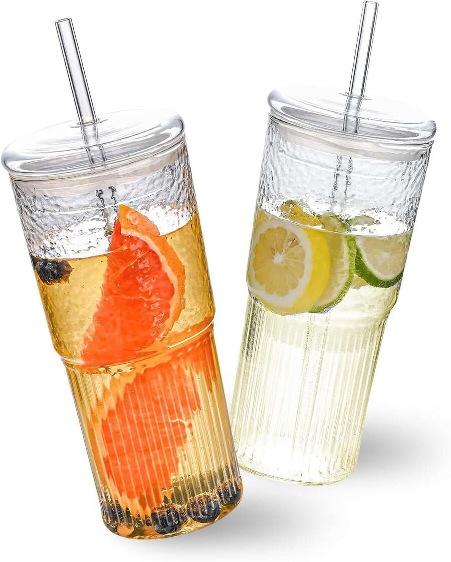 2-Pack 20oz/600ml High Borosilicate Glass Iced Coffee Cups With Lids & Straws - Reusable, Durable, Perfect For Ice Coffee, Smoothies, Water, Tea, Juice - Ideal For Parties - Trong sáng - Xem 1