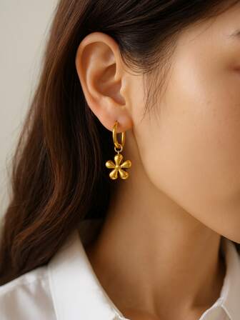 1 Pair Elegant Floral Stainless Steel Hoop Earrings, Suitable For Women's Daily Wear, Parties, Holidays, Or As A Valentine's Day Gift For Loved Ones