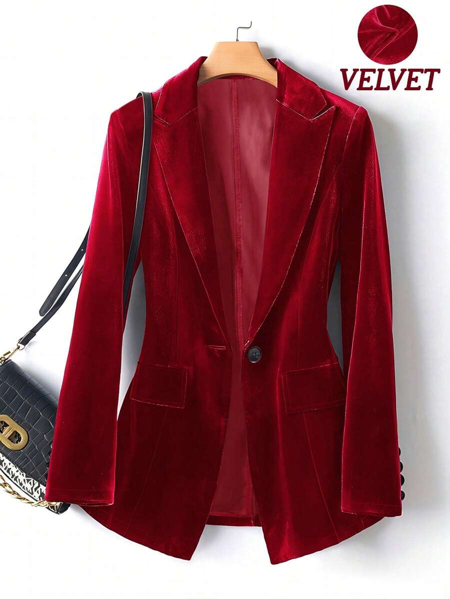 Áo khoác blazer tay dài, chất liệu nhung, dáng ôm, cài nút đơn, thường ngày cho nữ, mùa thu/đông - Đỏ lớn - Xem 1