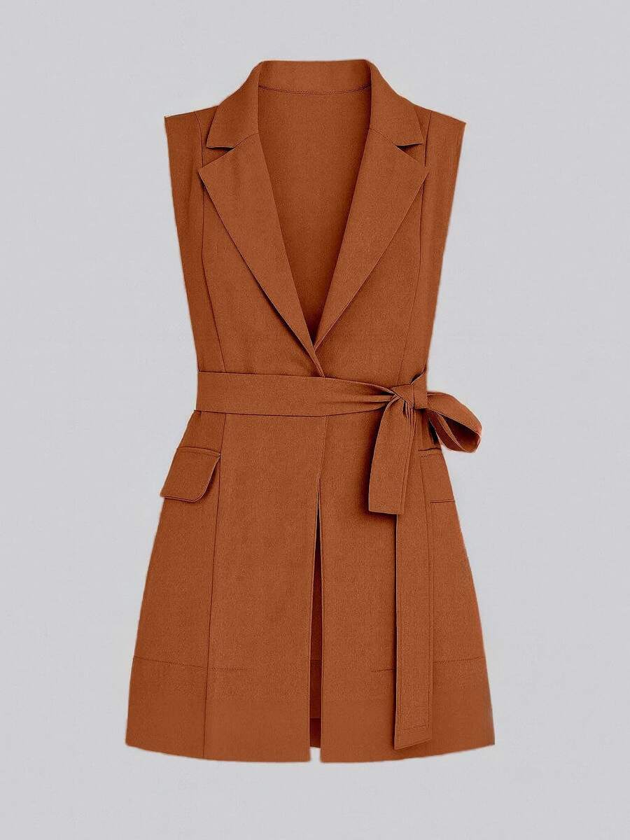 MICHELEE Sleeveless Tailored Vest With Adjustable Belt - Brown - View 1