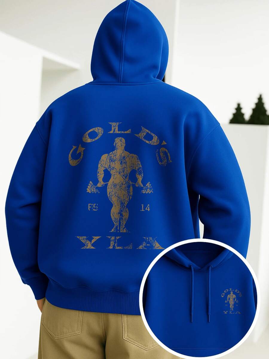 Graphic Hoodie For Men, Y2k Streetwear, Cotton Hoodie With Gym - Inspired Print, Comfortable Fall Clothes, Four - Seasons Wear, Breathable And Soft - Màu xanh lam - Xem 1