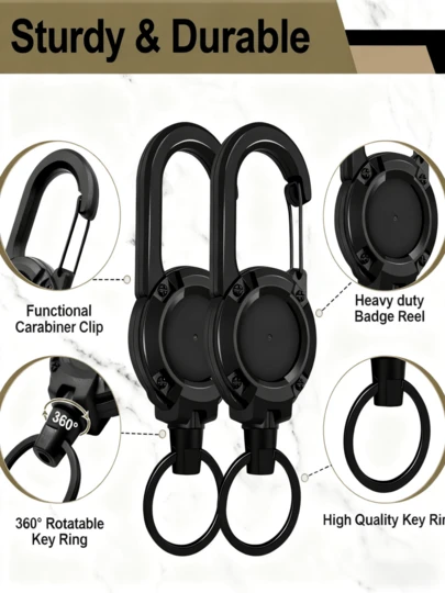 3 Piece Heavy Duty Carabiner Badge Holder Retractable Badge Reel Key Ring Key Holder For 8.0 Oz With 24" Steel Cord Lanyard Clip (Black)