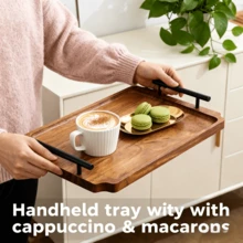 Bandeja de madera de alta calidad - Bandeja de desayuno con asa de metal creativa, adecuada para café y aperitivos, bandeja decorativa para mesa de comedor, bandeja de servicio de alimentos, perfecta para cocina, fiesta, restaurante y hogar, suministros de cocina - Óxido marrón - Ver 2