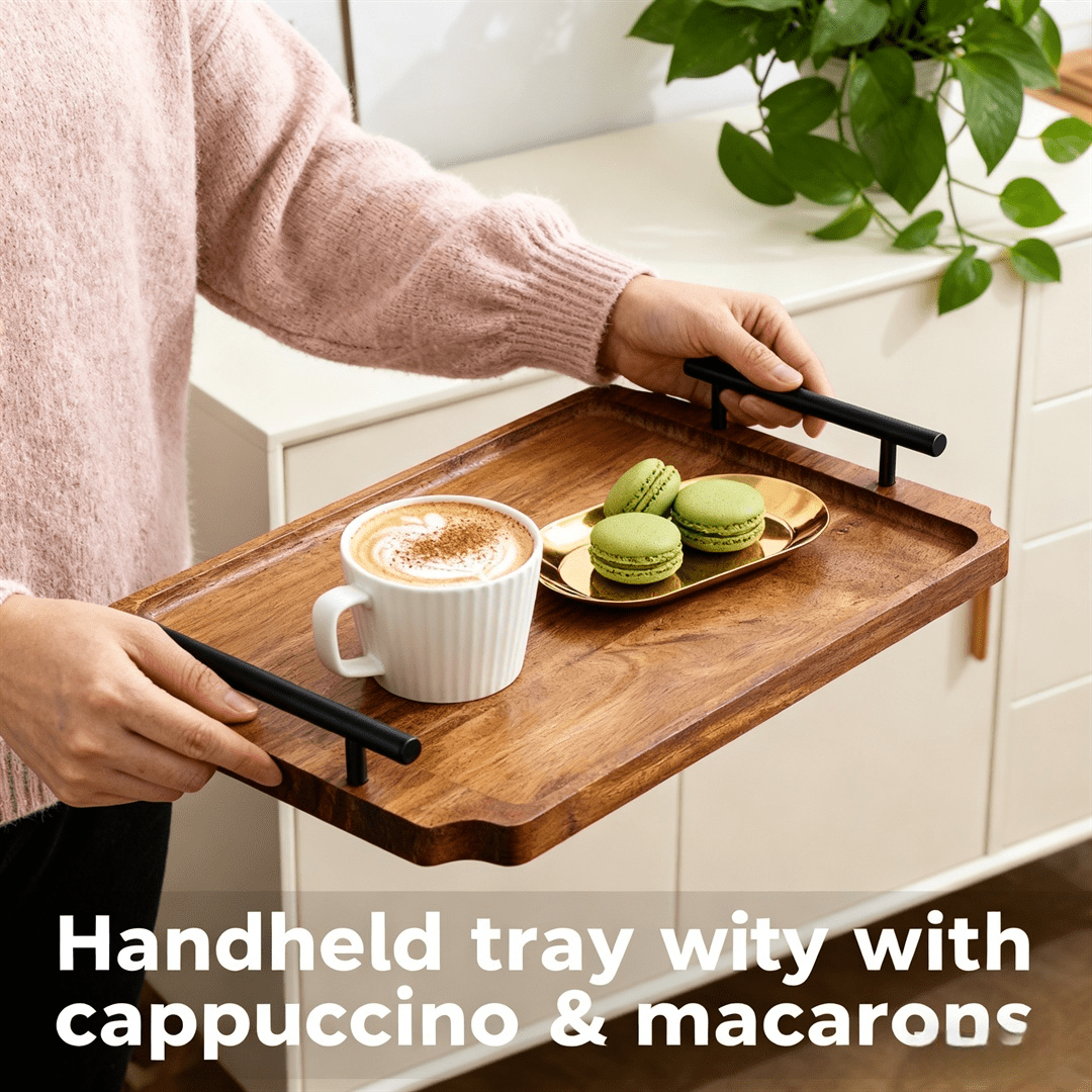 Bandeja de madera de alta calidad - Bandeja de desayuno con asa de metal creativa, adecuada para café y aperitivos, bandeja decorativa para mesa de comedor, bandeja de servicio de alimentos, perfecta para cocina, fiesta, restaurante y hogar, suministros de cocina