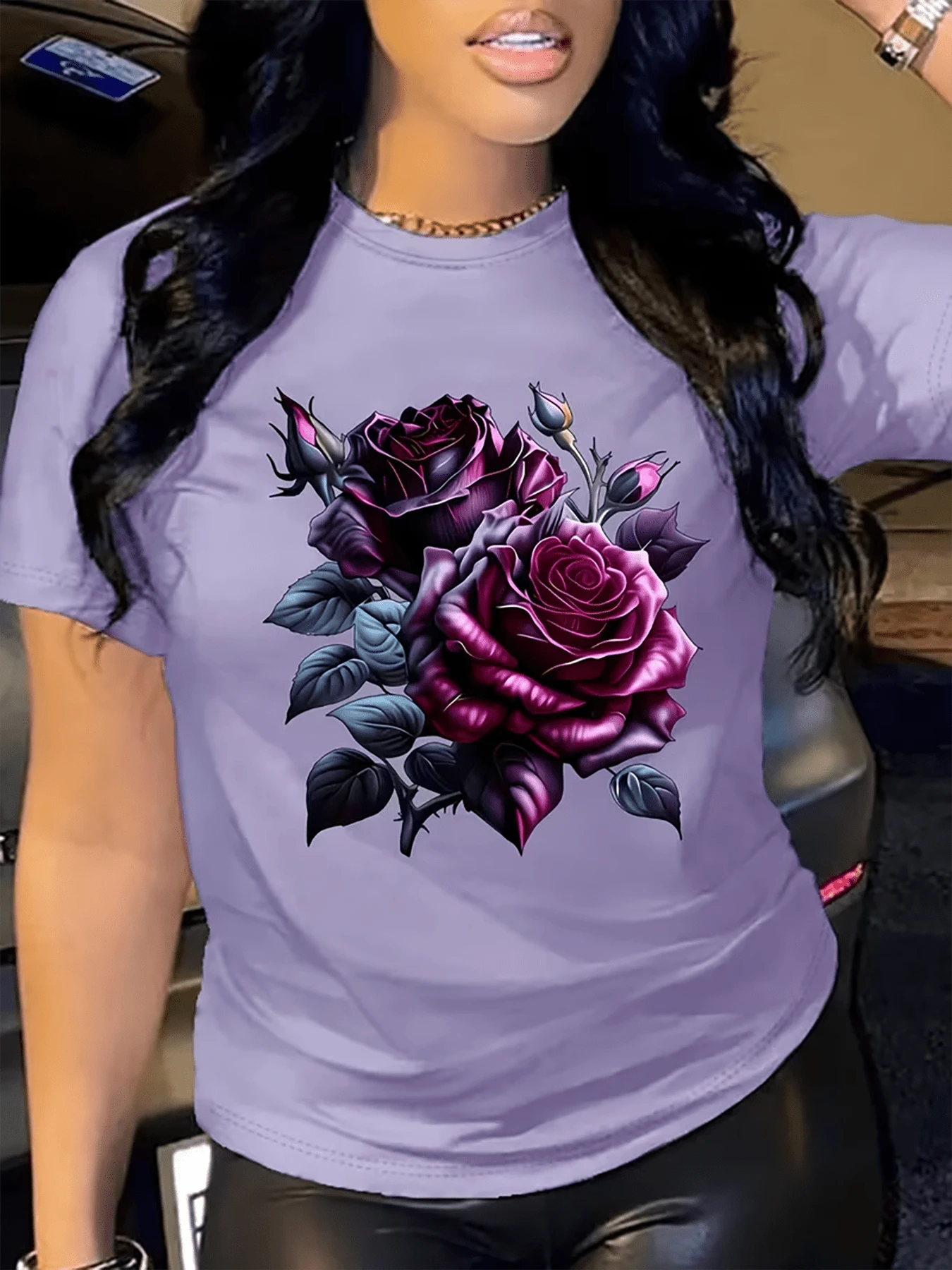 女士休闲牛奶丝圆领短袖T恤 - 紫色 - 查看 1