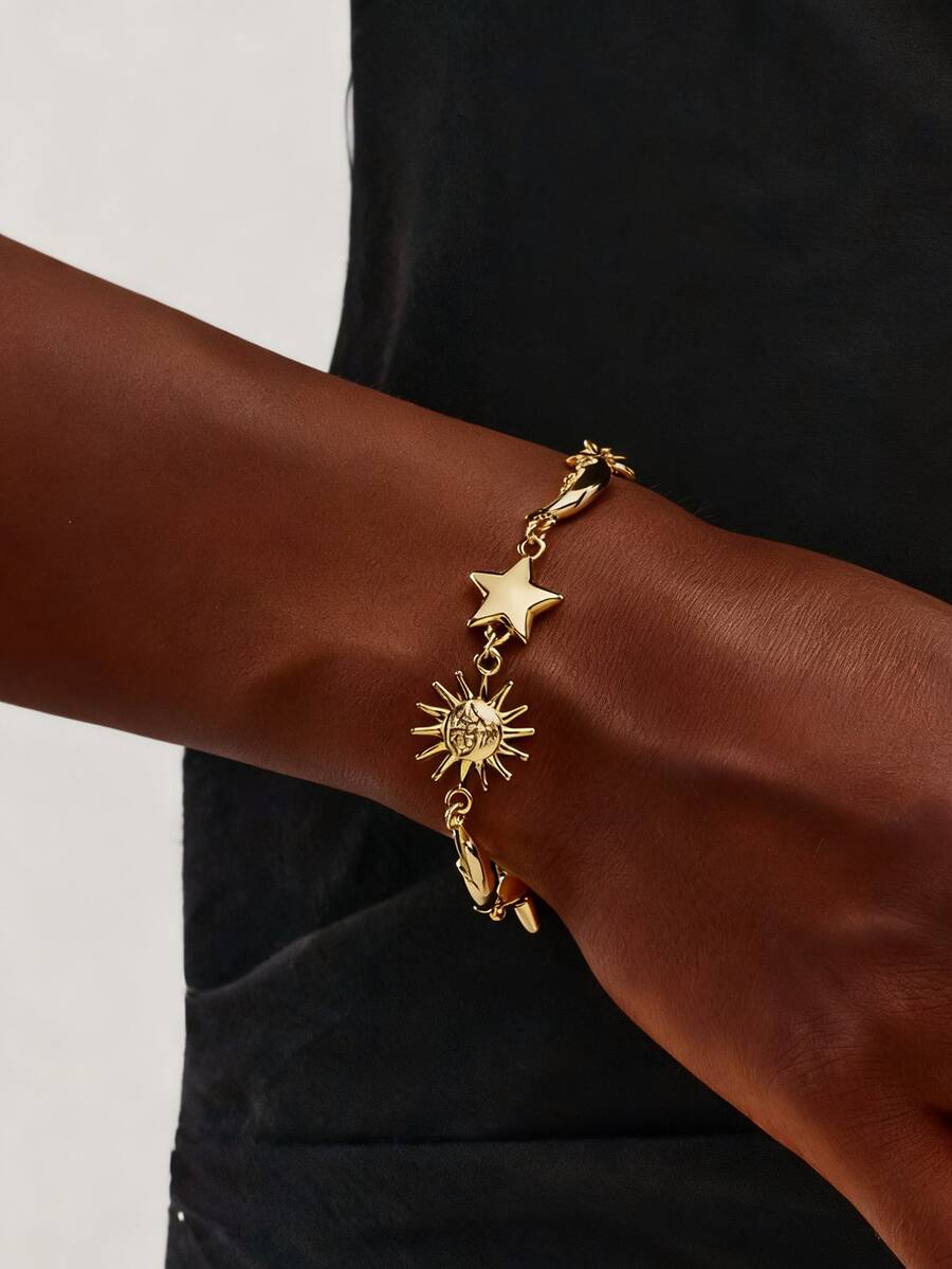 Pulseira com pingente de sol, estrela e lua em ouro 14K (1 peça), estilo vintage e elegante, ideal para mulheres. Perfeita para casamentos, férias, festas, uso diário, aniversários, Ramadã, Dia das Mães, aniversários de casamento, Dia dos Namorados e como presente de Natal. - Pulseira do Sol - Ver 1