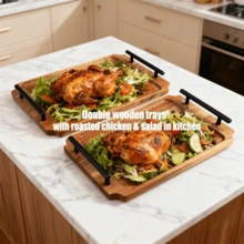 Bandeja de madera de alta calidad - Bandeja de desayuno con asa de metal creativa, adecuada para café y aperitivos, bandeja decorativa para mesa de comedor, bandeja de servicio de alimentos, perfecta para cocina, fiesta, restaurante y hogar, suministros de cocina - Óxido marrón - Ver 6